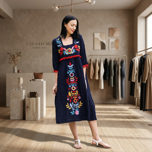 Boho Maxi <b>Dress</b> Women 100% Cotton Hand Embroidered Floral Print <b>Loose</b> Fit Three Quarter Sleeve Square Neck Summer Casual <b>Dress</b> - Product Image 5