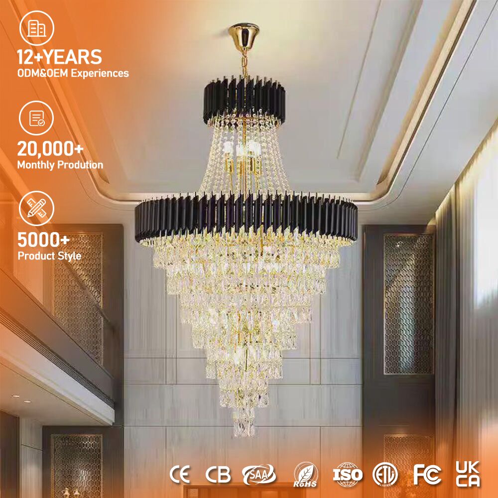 Lustre LED Moderne 9 Lumières Avec Télécommande - Hauteur Réglable Jusqu'à 250 Cm - Pour Entrée, Escalier, Salon - Noir/Doré