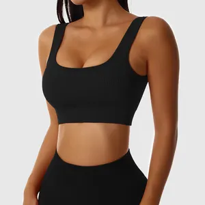 MOQ 1 PC Women Seamless Square Neck Gym Tops High Impact Wide Straps Sports Bras