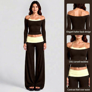 Womens 2 Piece Yoga Set <b>Off</b> <b>Shoulder</b> Halter <b>Long</b> <b>Sleeve</b> Crop <b>Top</b> Wide Leg Pants Dot Color Block - Product Image 6