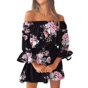 Mulheres Impressão Floral Mini Vestidos 2023 Verão Sexy Fora Do Ombro Flare Sleeve Túnica Vestido Feminino Casual Boho Beach Dress