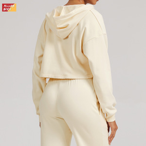 Sweat-shirt à capuche en polaire beige pour femme, ensemble crop top à manches longues, vêtements de sport décontractés, légers et confortables - Product Image 3