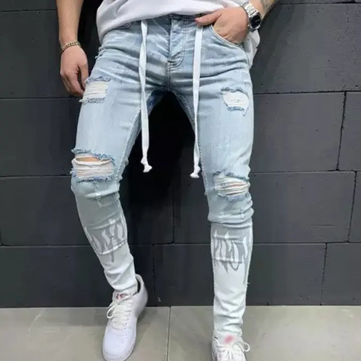 Оптовая продажа, индивидуальные потертые джинсовые брюки, стильные мужские джинсы, мешковатые супер обтягивающие мужские джинсы большого размера