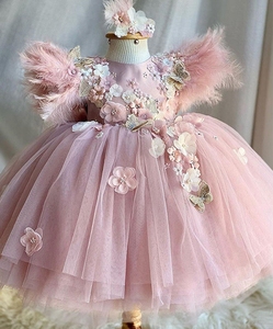 Vestido de <span class=keywords><strong>Princesa</strong></span> con Tutú de Flores Esponjosas para Niñas, Vestido de Fiesta de Cumpleaños con Plumas para Niñas - Product Image 1