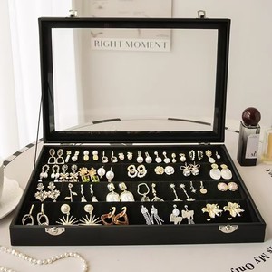 Đồ trang sức màu đen hộp đồ trang sức vòng cổ vòng bông tai vòng đeo tay Cổ Kẻ Sọc lưu trữ hộp hiển thị với nắp rõ ràng Kính Chống Bụi Quà Tặng - Product Image 6