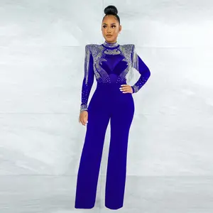 Wholesale New fashion sexy casual slim slim high collar perspective hot drill fringe one piece jumpsuit female