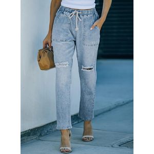Sidefeel <b>Women's</b> Light Blue Size 14 <b>Joggers</b> Elastic Drawstring Waist Cargo <b>Denim</b> Pants Breathable Ripped Design XL Pencil Made - Product Image 1