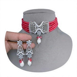 Stunning Precision Finish Premium Vibe <b>Silver</b> Polish CZ Pearls Look <b>Choker</b> Set With Earrings Party Wedding Collection for Women - Product Image 2