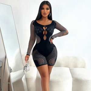 C2012 donna tinta unita monospalla senza spalline pantaloncini interi in maglia a maniche lunghe tuta scavata - Product Image 1