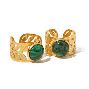 Titanium steel ring stainless steel 18k gold hollow leaf round green stone turquoise malachite ring
