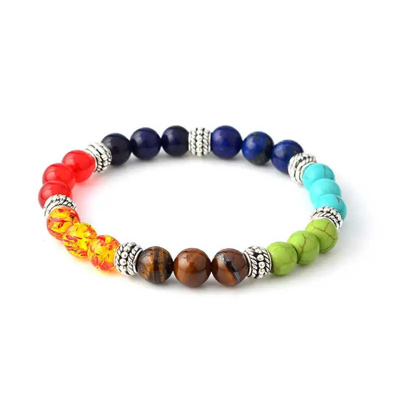 Charme 7 Chakras frisada pulseira Vertentes Reiki Healing Balancing Round Beads para mulheres e homens