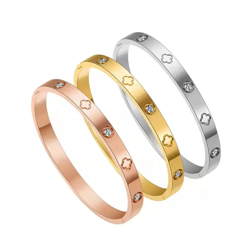 Pulseira banhada a ouro rosa, bracelete de pedra cz aço inoxidável cruz quatro trevo bracelete para mulheres jóias