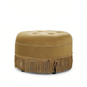 Pouf Rotondo Yolanda 24 in Velluto Dorato con Frange, Sgabello per Soggiorno, Arredamento Casa - Product Image 1