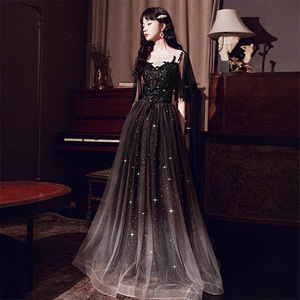 Evening Gown For Women Gradient Black Tulle Sweetheart Neckline Empire Waist Vintage Style Banquet Dress - Product Image 1