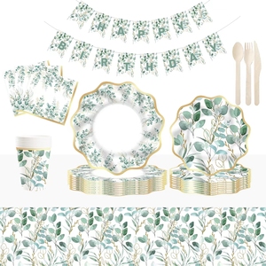 ชุดจานชาม DAMAISage ลายใบไม้สีเขียวทอง สำหรับงานวันเกิด จานกระดาษลายใบยูคาลิปตัสสีเขียวทอง ผ้าเช็ดปากสำหรับงานปาร์ตี้ - Product Image 1
