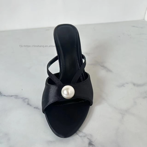 Elegant Satin Women's Mules With Pearl Detail, High Heel <b>Open</b> Toe Slip-On Sandals for Wedding & Formal Occasions - Product Image 5