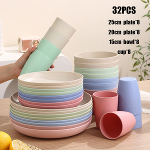 Juego de vajilla de paja de trigo, 32 piezas, platos de 25 cm y 20 cm, tazones de 15 cm, tazas, vajilla redonda biodegradable para uso diario en el hogar - Product Image 2