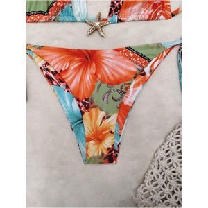 Conjunto de Bikini de 2 Piezas con Estampado Floral de Leopardo para Mujer, Marca FOXA, Top Triangular con Tiras y Detalle Metálico de Estrella de Mar - Product Image 4