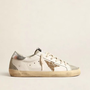 Designer Inspired Vintage Star Lace-Up Sneakers Comfort Worn-Out Style Genuine Leather Casual Jogging <b>Shoes</b> Glitter Heel Rubber - Product Image 2