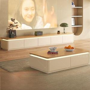 Juego de Muebles de <span class=keywords><strong>Madera</strong></span> Sólida para Sala de Estar con Luz Ambiental, Mesa de Centro y Mueble para TV, Estilo Moderno Minimalista Retro Crema para Hogar, Hotel o Comedor - Product Image 4