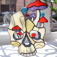 Attrape-soleil gothique style Art Déco en vitrail, motif champignon, Halloween, corbeaux, fantôme, sombre, logo personnalisable, décoration carrée/ronde