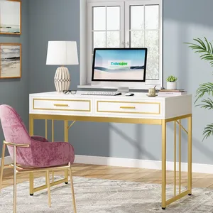 Design moderne et élégant, cette coiffeuse en or et blanc, en panneau MDF de qualité supérieure et avec un cadre en tube d'acier inoxydable. - Product Image 4