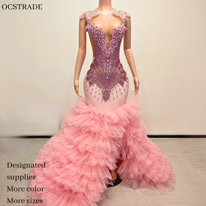 Abito <span class=keywords><strong>da</strong></span> Sposa Sirena Rosa con Strass e Strascico in Tulle Stratificato, Produzione su Ordinazione in Grandi Quantità 2025 - Product Image 1