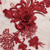 Handcut Bourgogne Couleur 3d Fleur Brodée Perles et Paillettes Maille Dentelle Applique LT2726A