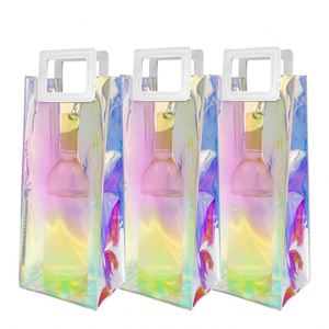 Custom Size Holographic Wine Gift Bags Reusable PVC Clear Large <b>Bottle</b> Tumbler with Handles - Product Image 1