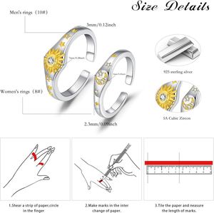 Juego de 2 Anillos de Pareja con Zirconia de Dos Tonos, Diseño de Sol y Luna, para Hombre y Mujer, Anillo de Pareja con Zirconia Brillante de Sol, Luna y Estrella - Product Image 5