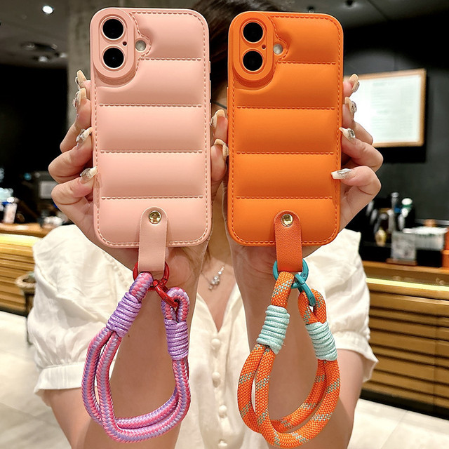 YLXZ Soft TPU Shockproof Puffer Phone Case for 16 Pro Max 15 12 Pro Includes Wrist Strap Holster Luxury Design Ins Style Multi