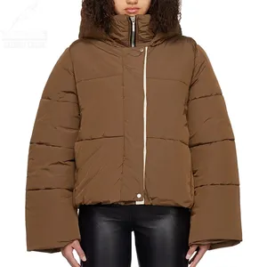 YuFan personnalisé OEM ODM marron doudoune à capuche capuche détachable doublure complète en taffetas manteau pour femme à col montant
