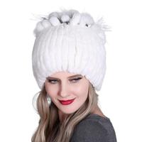 Topi Bulu Kelinci Rex Asli Ultra Lembut Campuran Wol Bergaris Hangat untuk Wanita, Gaya untuk Pakaian Sehari-hari