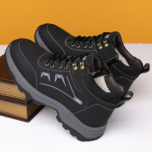 Bottes d'hiver pour hommes, doublées de polaire, chaudes, à tige haute, antidérapantes, en cuir, pour la randonnée, talon plat, couleur unie, kaki, noir - Product Image 2