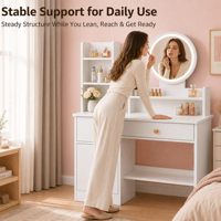 Coiffeuse compacte blanche de 31,5 po avec miroir LED réglable, armoire de rangement 5 zones et tabouret pour chambre à coucher.