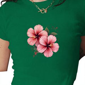 เสื้อยืดพิมพ์ลายดอกชบาสีชมพูสำหรับผู้หญิง Y2K ทรงเข้ารูปแขนสั้น - Product Image 1