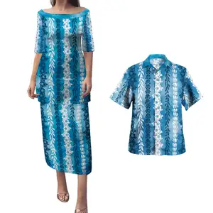 Flower Lie Beautiful Design Combo Puletasi And Shirt Two Piece Set Custom Hawaii Shirts With Samoa Church Long Dresses Wholesale