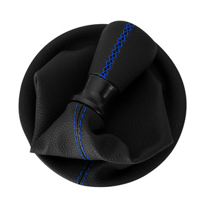 Poignée de levier de vitesse en cuir Peugeot Citroën avec surpiqûres bleues, ergonomique, avec couvercle de levier de vitesse intégré et fixation par filetage - Product Image 1