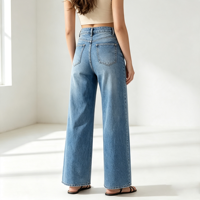 Jean taille haute ample à jambe large pour femme, pantalon en denim extensible coupe baggy, devant plat, vente en gros usine