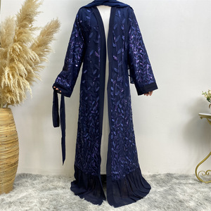 Nuovo prodotto di vendita a caldo Cardigan di temperamento di pizzo da donna di moda mediorientale con ricamo a foglia di Abaya musulmano con paillettes Rob - Product Image 5