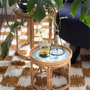 Elegante Mesa de Centro Moderna con Incrustaciones de Madreperla y Ratán, Mueble Decorativo Tejido a Mano para Sala de Estar - Product Image 4