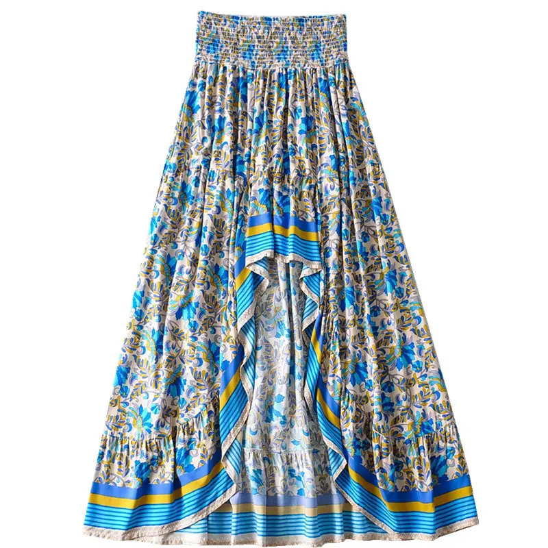 2022 summer bohemia style fashion pleated front short back long sexy print irregular high waist women's long skirt