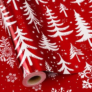 Reversible Christmas <b>Wrapping</b> <b>Paper</b> Red Metallic Foil Tree Snowflake Holiday Gift Craft 46.8 Square Feet Roll - Product Image 1
