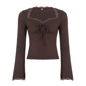 Haut court uni pour femme avec dentelle, épaules dénudées, froncé, à nouer devant, manches longues, coupe ajustée, chic et décontracté - Product Image 6