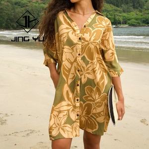 Hot Sale <b>Shirt</b> <b>Dress</b> Custom Linen Cotton Hawaiian Print Long <b>Shirt</b> Beach <b>Dress</b> for Women - Product Image 2