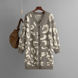 Otoño e invierno, nuevas prendas de punto, de longitud media suéter con estampado de leopardo, cárdigan, abrigo holgado para mujer - Product Image 4