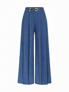 Pantalon élégant taille haute à jambes larges, bleu uni, plissé devant, ceinturé, coupe ample, longueur totale, tissé, style automne - Product Image 1