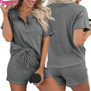 Dear-Lover Private Label Waffle Knit Buttoned Top And Drawstring Shorts Set Womens Lounge Wear