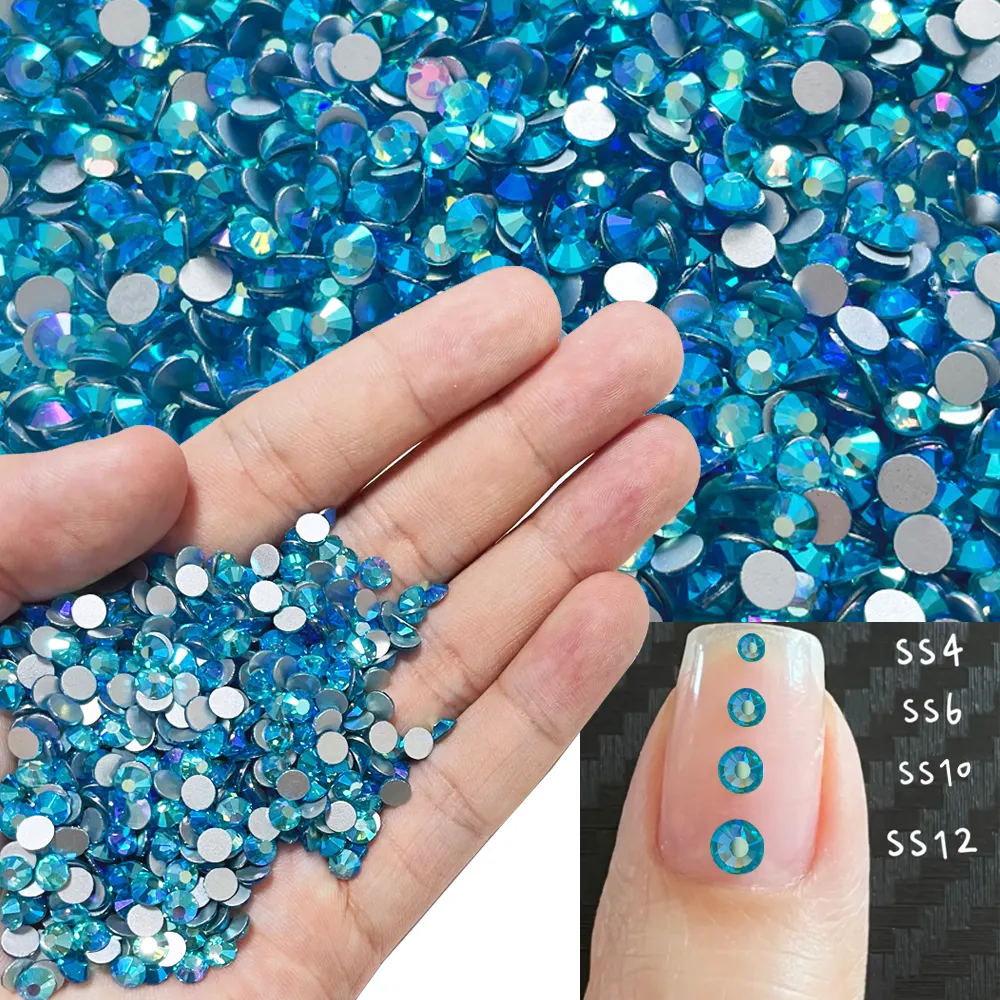 Aquamarine AB SS3 4 5 6 8 10 12 16 20 30 Vidro cristal Non Hotfix Strass Embalagem personalizada Flatback Atacado 10gross 1440pcs