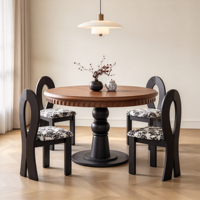 Ensemble de table à manger ronde de style mid-century, table à manger vintage française sur piétement avec chaise à dossier creux et tissu floral capitonné